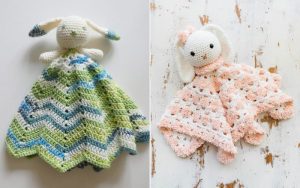 Two charming crocheted animal-themed baby blankets: one featuring green and blue zigzag patterns, the other adorned with pink and white floral designs. Perfect crochet baby lovey ideas to inspire your next project.