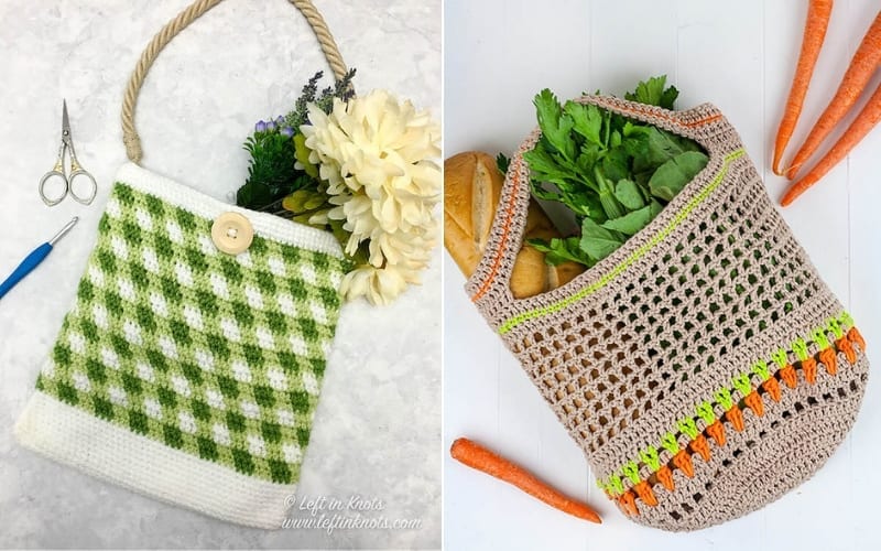 Two handmade crochet market bags: one green checkered with a button, the other crocheted with fruits and vegetables inside. Scissors and crochet hooks nearby offer inspiration, hinting at free patterns for your next creative project.