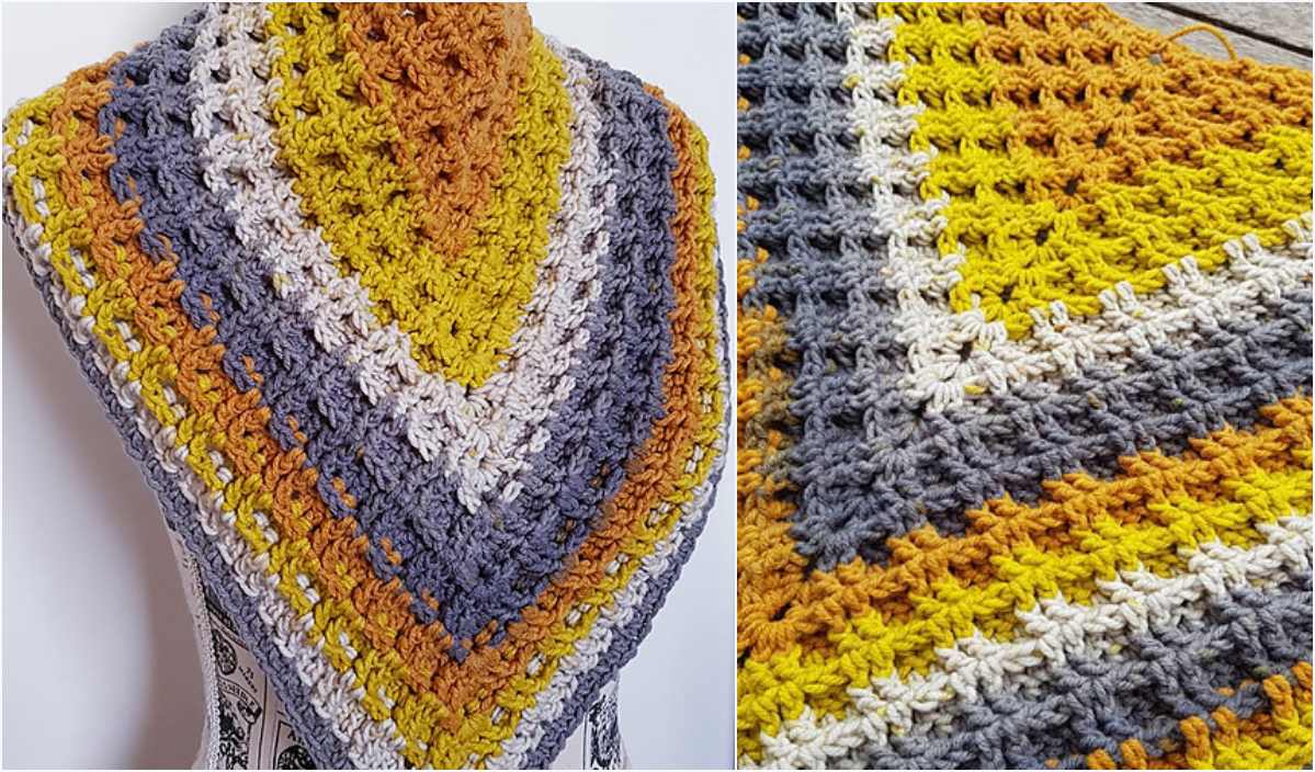 Crocheted Alaskan Waffle Shawl with multicolored stripes in mustard, gray, brown, and cream displayed on a mannequin. Detailed close-up of the pattern on the right.