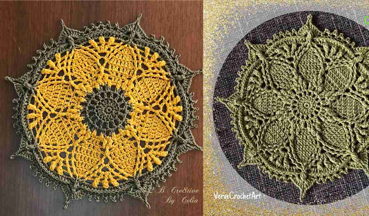 Two intricately crocheted mandalas: one in yellow and brown, reminiscent of a clematis bloom on the left, and another in green on the right, both showcasing detailed patterns on textured backgrounds.