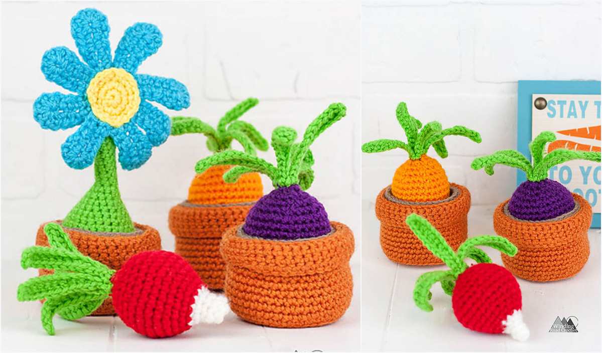 Crochet plush toys of a flower in a pot, carrots, and a radish are arranged on a white surface. A small colorful sign is partially visible in the background, hinting at the vibrant charm of a Minion Inspired Blanket or perhaps showcasing a new Crochet Pattern.