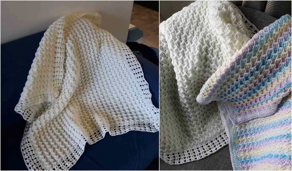 Two crocheted blankets—one in solid cream, the other in multicolored pastel hues—displayed on a blue surface, perfect for a newborn. Consider pairing these with a matching rose hat for an enchanting gift.