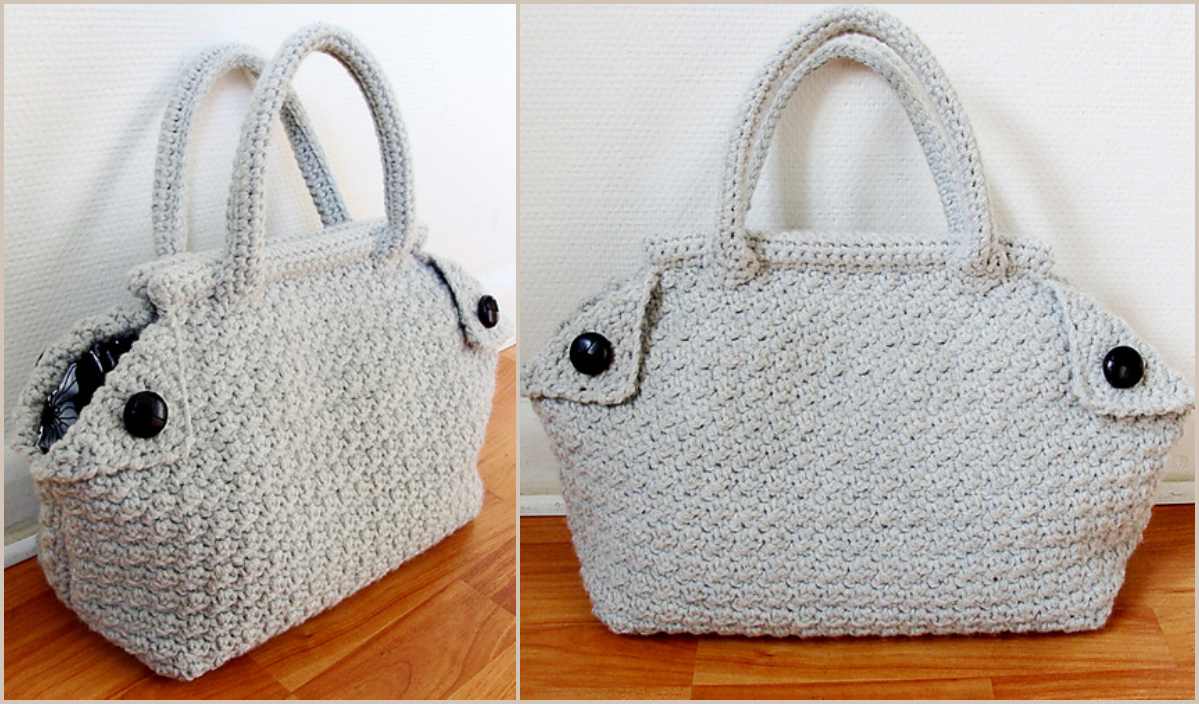 Two views of the Derek Bag, a textured grey crochet handbag with short handles and side button details, placed on a wooden floor against a white wall. Perfect for those looking for a stylish accessory or interested in finding the free crochet pattern to make their own.