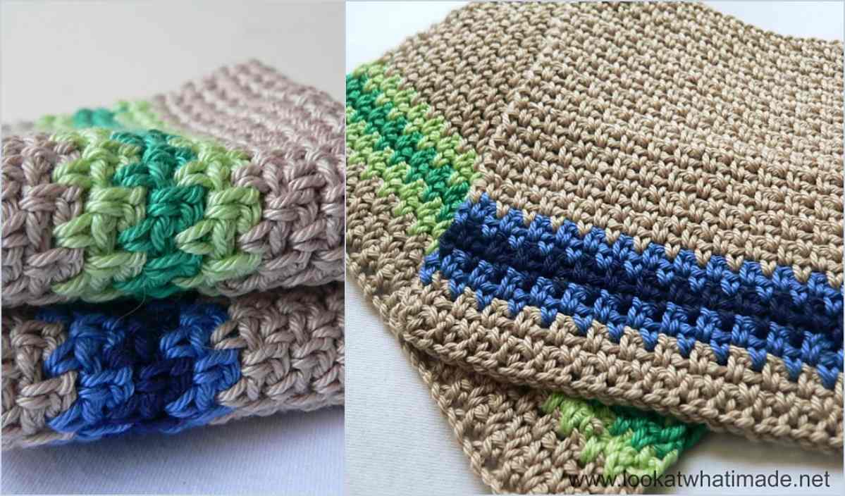 Two crocheted dishcloths featuring a beautiful linen stitch, with multicolored patterns in shades of blue, green, and beige, are elegantly displayed on a white surface.