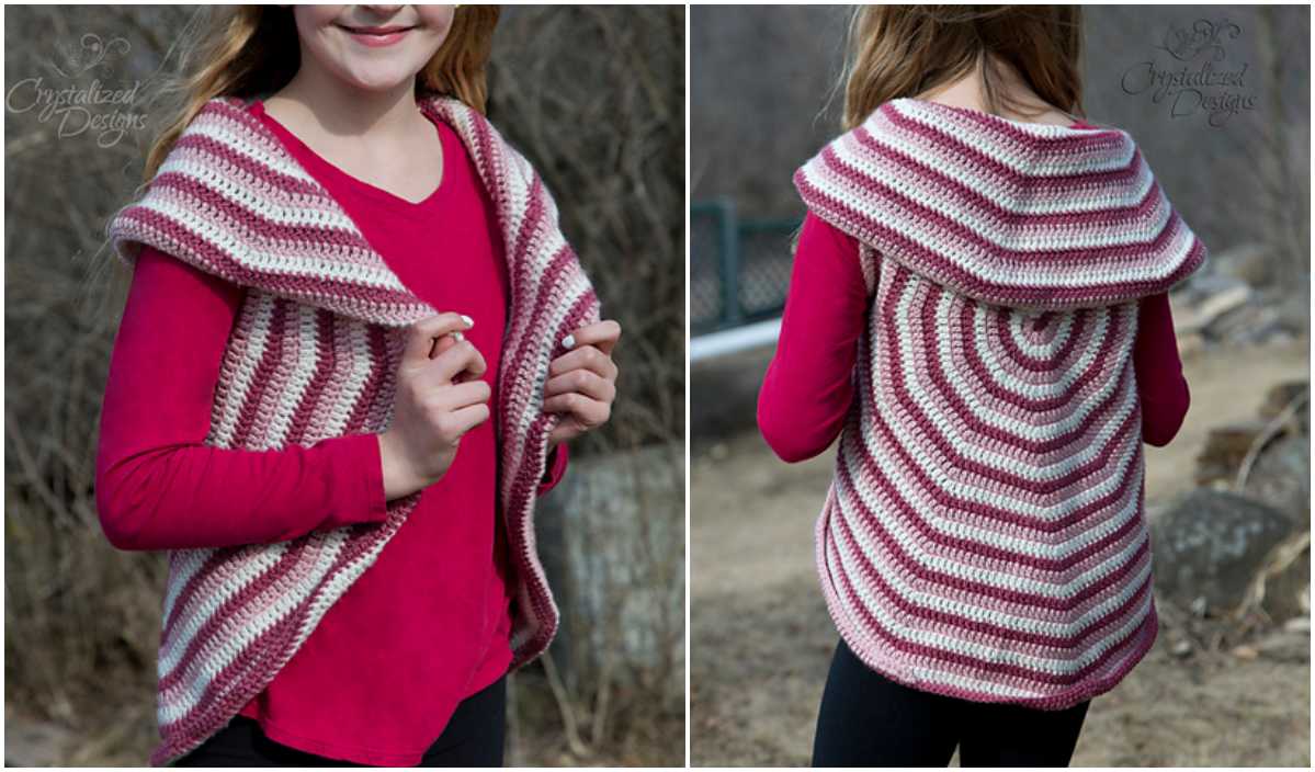 A girl models a red and white striped crochet vest, crafted with a unique crochet pattern, layered over a red long-sleeve shirt. The design is showcased both from the front and back, highlighting its detailed craftsmanship.