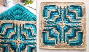 Two crochet squares with intricate geometric patterns in blue and beige yarn lie elegantly on a white surface, showcasing a delightful free crochet pattern.
