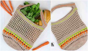 Discover a delightful crochet grocery bag adorned with carrots, greens, and bread. Featuring vibrant orange and green accents, it sits gracefully on a white surface next to fresh carrots. Perfect for those who adore crafting with free crochet patterns.