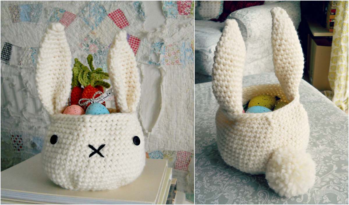 Discover the charm of these crochet bunny baskets featuring long ears and detailed faces. One basket holds colorful eggs, while the other brims with fruit and candy. Explore our free crochet pattern to create your own delightful bunny basket.