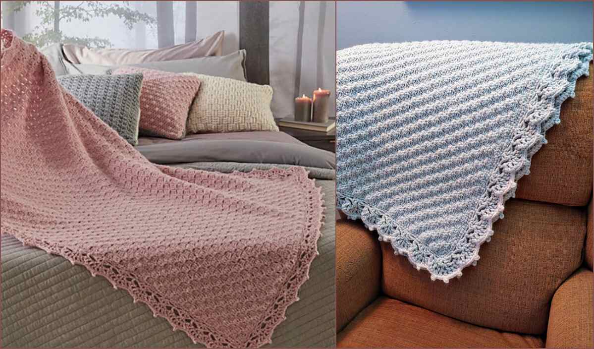 A pink crocheted blanket is spread on a bed with various pillows, showcasing a charming crochet pattern. Meanwhile, a light blue C2C guest throw with a decorative edge is draped over a brown sofa, offering comfort and style.