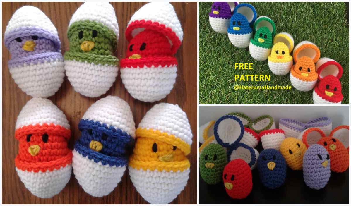 Crocheted bird figures nestled within colorful cracked egg designs are stylishly arranged on grass and varied backgrounds, highlighting a free crochet pattern with charming color matching eggs.