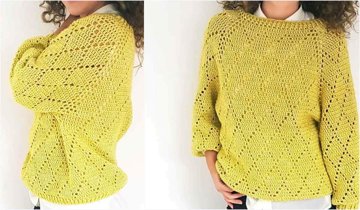 A person dons a loose-fitting yellow crochet sweater, crafted with the intricate Madux James Square pattern, layered over a white shirt. The cozy ensemble is captured beautifully from both side and front views.