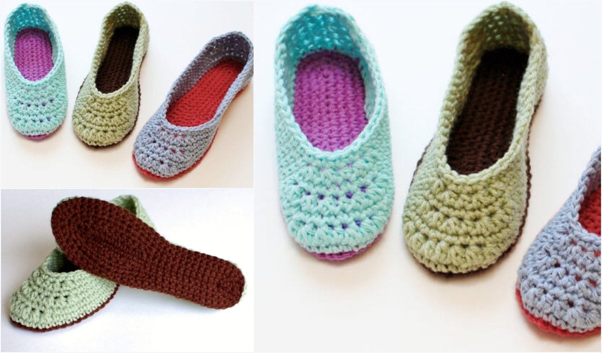 Three pairs of crochet slippers in pastel colors—green, blue, and purple—each with a contrasting sole are artfully displayed on a white background. Whether you're seeking inspiration or a ready-made accessory, these pieces perfectly capture the essence of creativity and comfort.