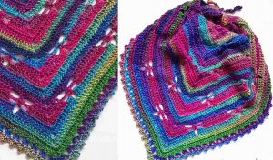 Two views of a vibrant crochet shawl showcase a stunning rainbow gradient pattern with intricate stitches and an ornate border. This piece is perfect for those seeking an inspiring free crochet pattern to create their own masterpiece.