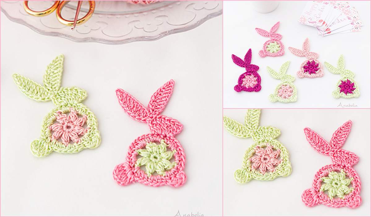 Crocheted Easter Bunny patterns in pastel colors with floral designs, displayed as charming ornaments on a white surface.