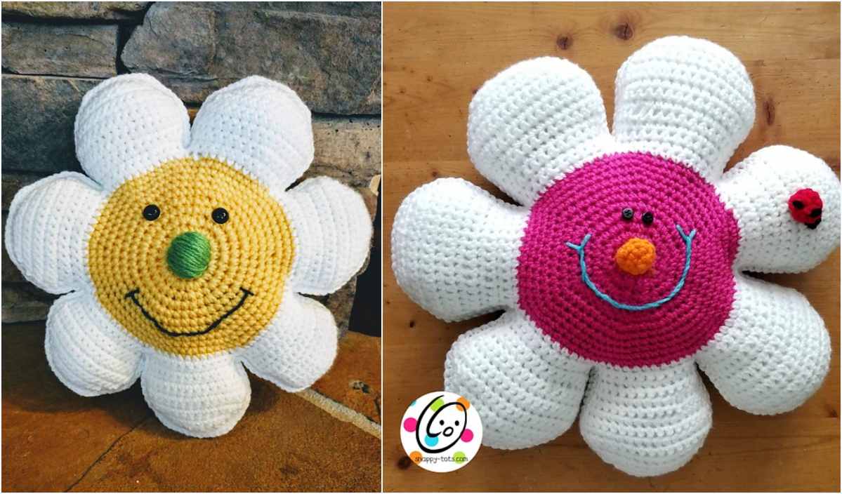 Discover the charm of these crocheted flower pillows, featuring daisy designs with joyful smiley faces. One boasts a yellow center, while the other showcases a pink hue and a delightful ladybug. Perfect for adding a touch of whimsy to your home with our free crochet pattern.