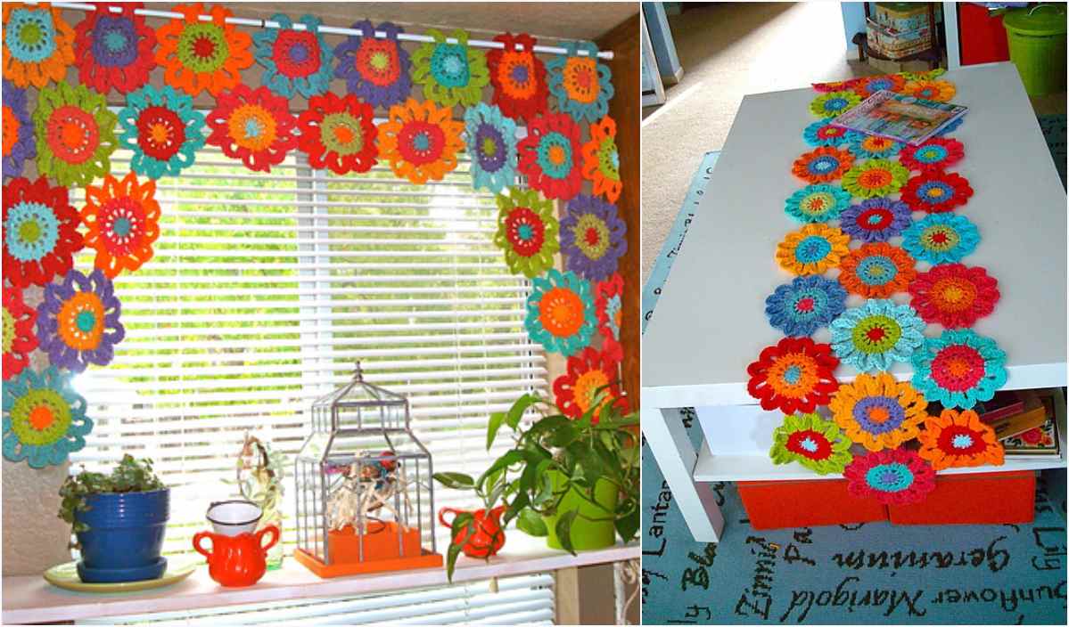 Colorful crocheted floral designs, reminiscent of a free crochet pattern, decorate a window curtain and tabletop in a bright room filled with plants and books.