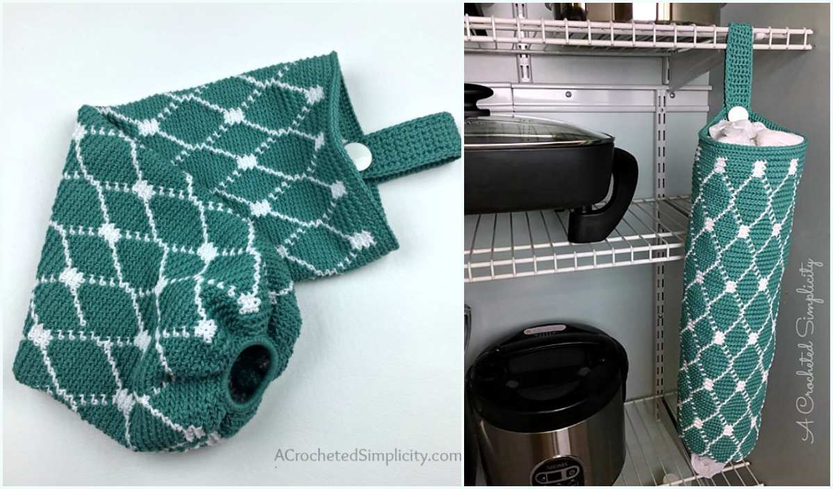 Crocheted teal plastic bag holder with a white pattern, displayed folded and hanging in a kitchen pantry near appliances. Discover this charming creation using a free crochet pattern to add style and organization to your space.