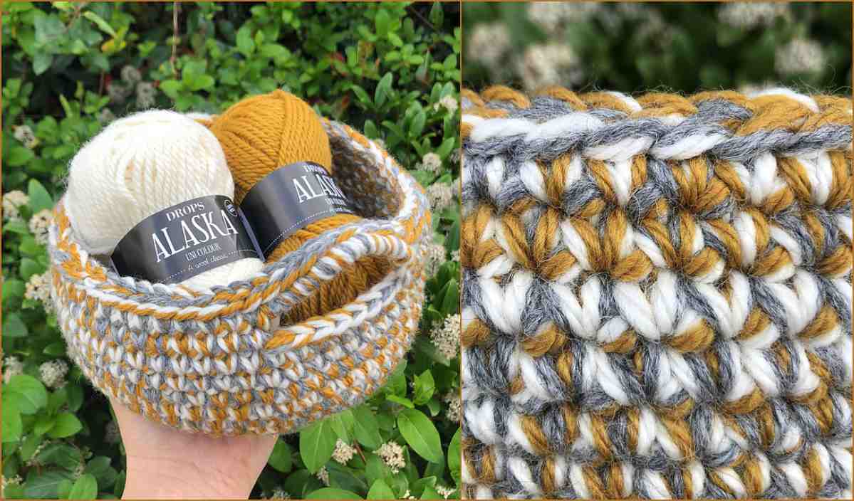 A crocheted basket cradles two skeins of yarn, one white and one mustard, with a close-up highlighting the detailed stitching. In the background, lush greenery adds a serene touch. Perfect for your next project, perhaps inspired by a Madux James free crochet pattern—a square to cherish.