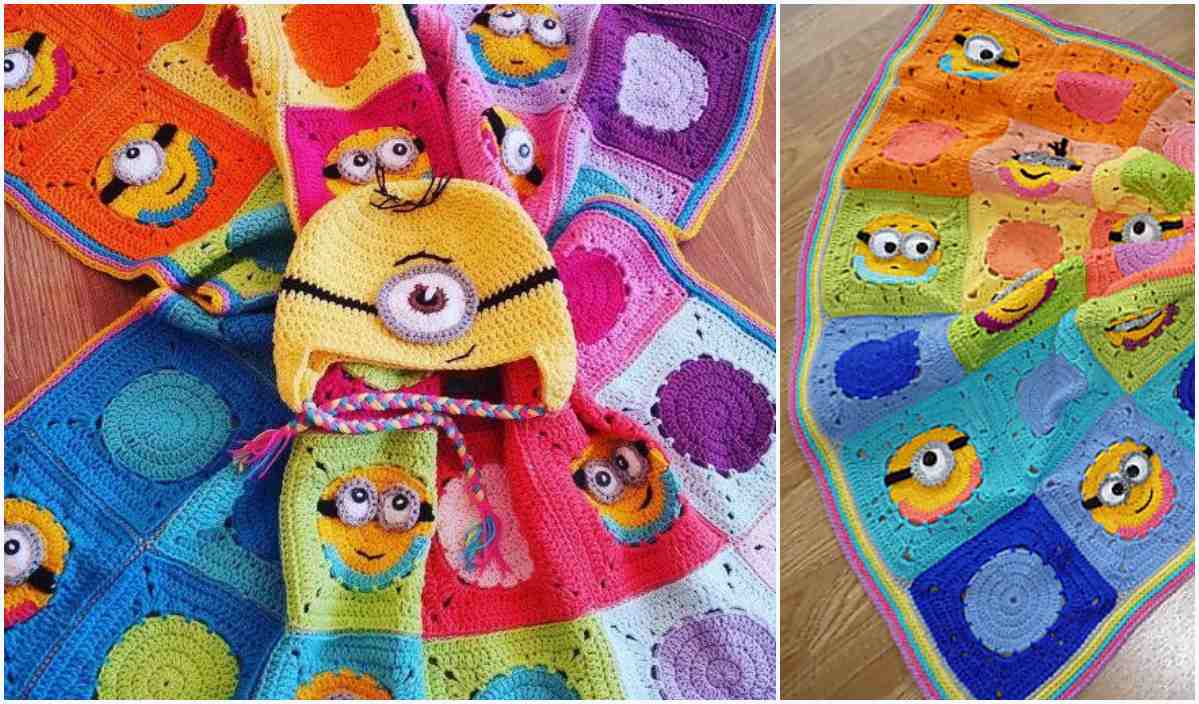 Colorful crochet blankets with square patterns showcasing cartoon cyclops faces, reminiscent of a playful minion design, are perfectly paired with a matching hat.