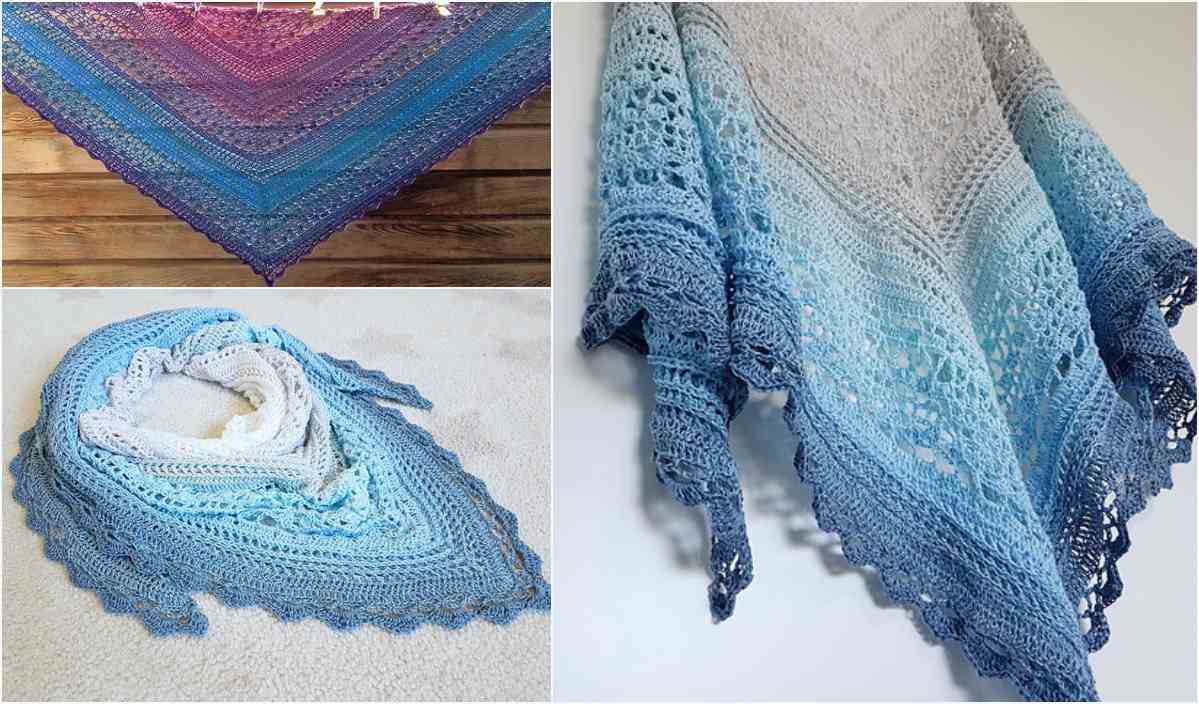 Three crochet shawls are displayed: the top left is a Moanne Shawl with a gradient from pink to blue, the bottom left in pastel blue, and the right features a gradient from light gray to blue. Explore the free crochet pattern for an inspiring project.