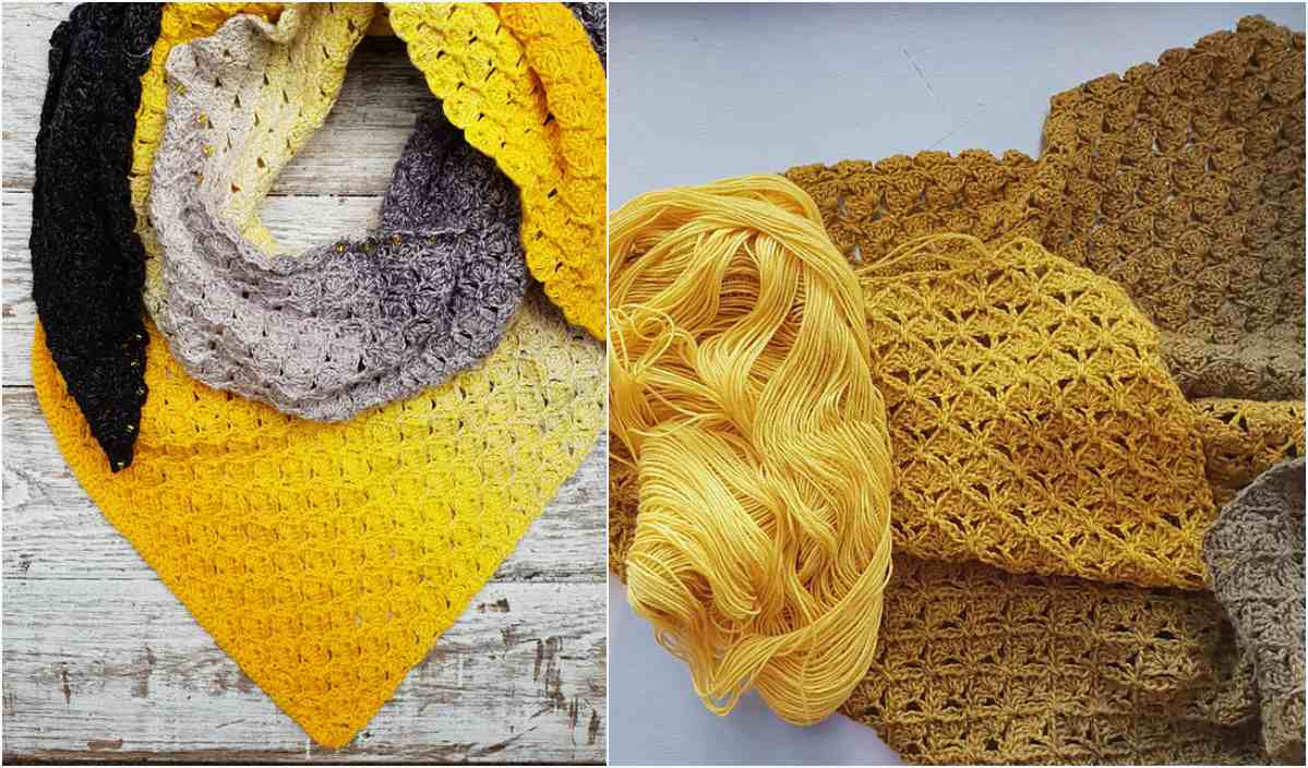 Two images of crocheted pieces: the left shows a triangular scarf in yellow, gray, and black; the right displays a vibrant creation in progress with yellow yarn. Dive into these projects for inspiration or find a free crochet pattern to create your own daisy pillow masterpiece.