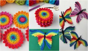 Crochet designs showcase mandalas in vibrant rainbow colors and butterfly patterns on a green background, accented with Rainbow Appliqué. Yarn and scissors complete the scene.