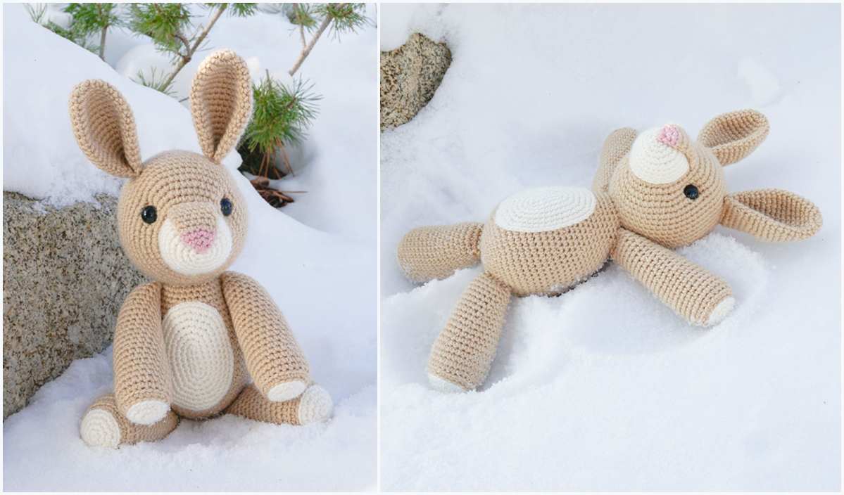 Two images of Rose the Rabbit, a crocheted brown bunny with white accents. One shows her seated by a rock and pine branch; the other depicts her lying on snow. Perfect for those seeking a crochet pattern to replicate this adorable scene.