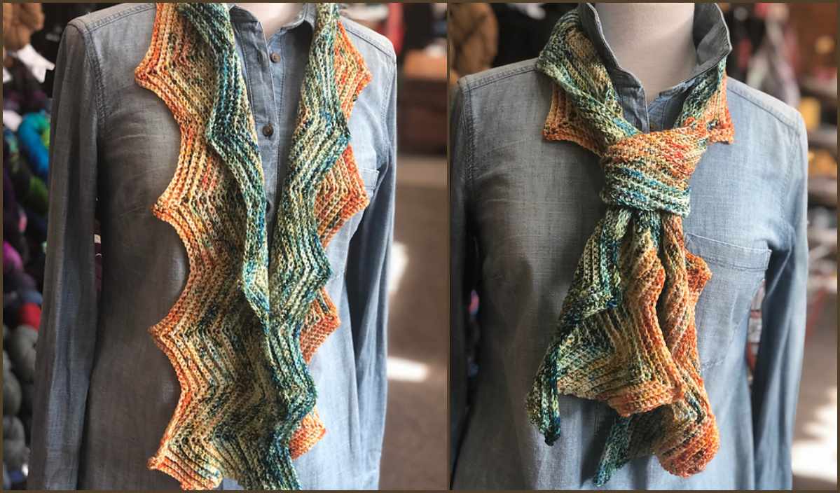 Two images showcase a mannequin in a denim shirt, draped with a wavy knit scarf in vibrant orange, yellow, and teal. One is styled long and loose; the other elegantly knotted. Perfect for a splash of color, pair this look with your favorite free crochet pattern for added flair.