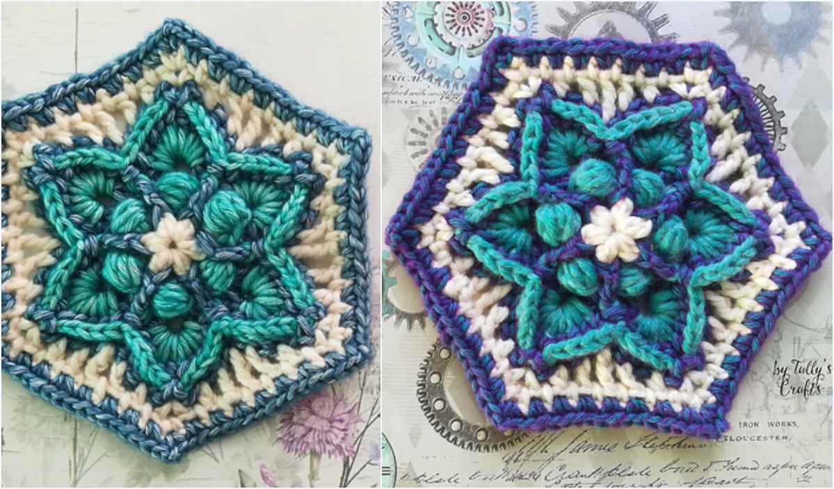 Two crocheted hexagons, like a mesmerizing crochet pattern, feature layered designs in blue, green, and cream yarn on a decorative background with pastel designs and script.