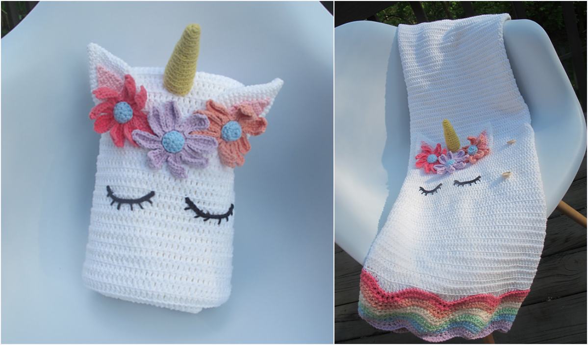 Discover the charming Unicorn Baby Blanket, a crocheted creation adorned with floral decorations and closed eyes. This delightful piece, whose elegance is matched by its comfort, is displayed both rolled up and spread out on a chair. Perfect for those seeking a free crochet pattern adventure!