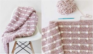 A chunky knit blanket with white polka dots drapes gracefully over a chair, exuding an air of sweetness. Another image showcases the blanket partially knitted, featuring a crochet hook and ball of yarn hinting at its intricate crochet pattern.