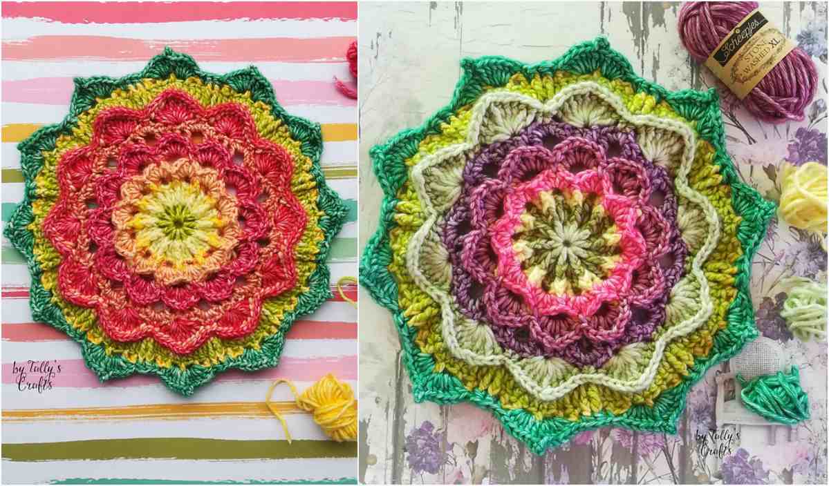 Two colorful crocheted mandala doilies with intricate crochet patterns are displayed on striped and floral backgrounds, accompanied by yarn and crochet hooks. Perfect inspiration for your next cloudberry blanket project.