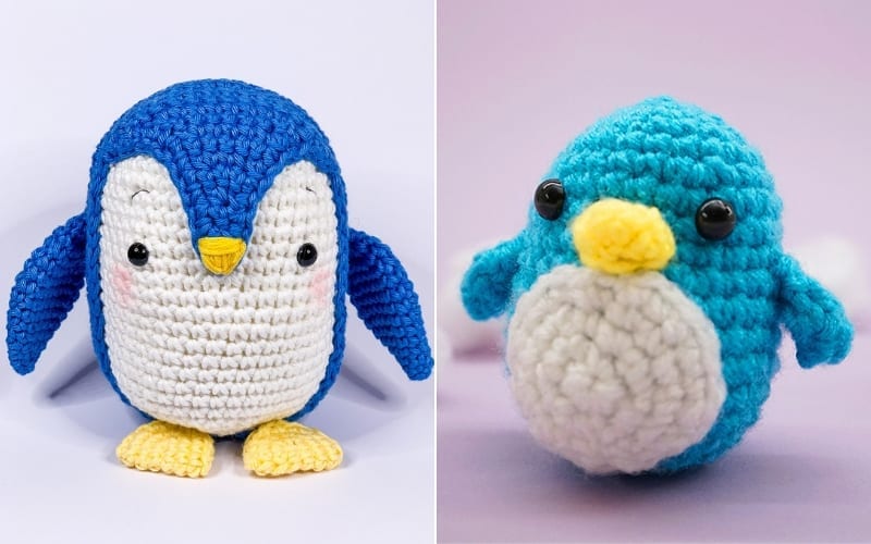 Two adorable penguin amigurumi: the left is blue and white with yellow feet and beak, the right is teal with a white belly and yellow beak, all set against a light purple background. Perfect as a free crochet project for those looking to explore enchanting crochet patterns.