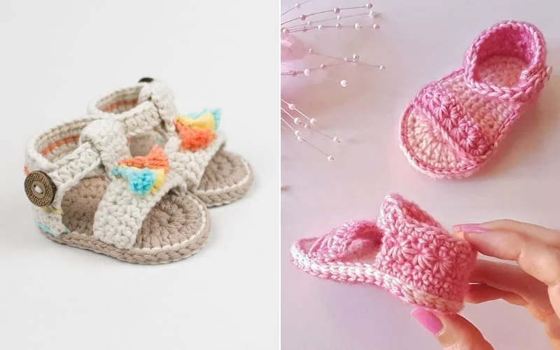 A pair of crocheted baby sandals sits on a white surface—one featuring vibrant designs and the other in pink, held by a gentle hand. These charming creations, inspired by free crochet patterns, add a touch of handmade magic to any tiny wardrobe.