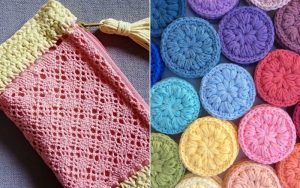 A crocheted pink pouch with a yellow tassel on the left; circular crochet swatches in various colors, reminiscent of a basket weave stitch pattern, adorn the right.