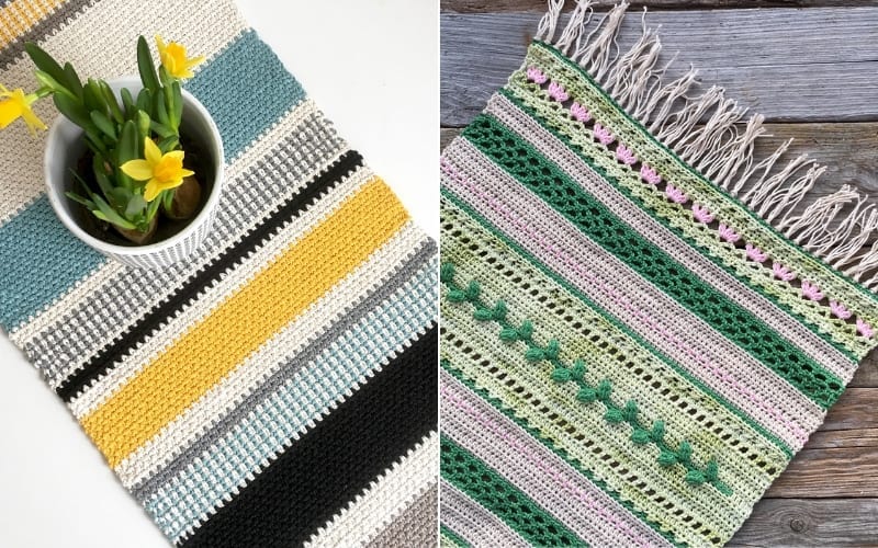 Two woven rugs side by side: the left features horizontal stripes of various colors with a plant on top, reminiscent of vibrant crochet market bags, and the right boasts green and pink patterns with fringe on the top edge.