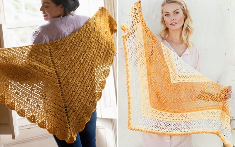 Two women showcase stunning shawls with intricate patterns; one in solid mustard yellow, the other in a gradient of mustard, orange, and white. For those inspired to create their own pieces, free crochet patterns are available to help you craft similar stylish accessories.