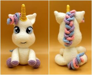 Adorable baby unicorn plush toy, complete with a golden horn and a vibrant mane, crocheted to perfection. Showcased from front and back against a simple backdrop, this delightful piece can be made using a free crochet pattern.