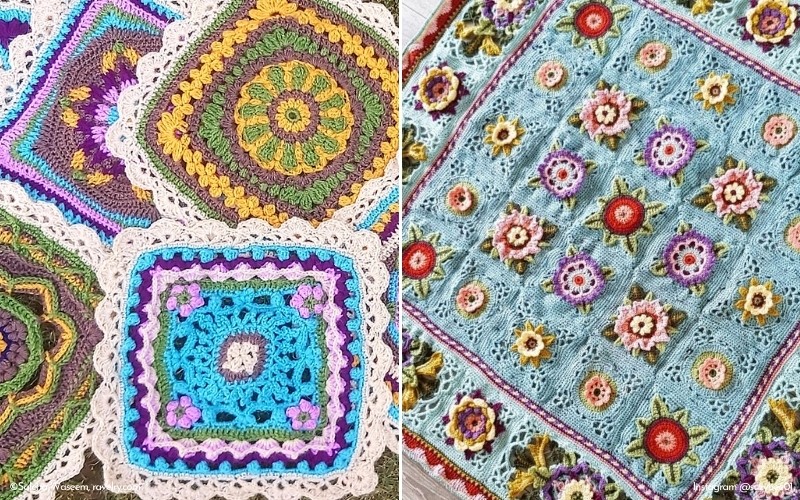 Two crochet patterns: the left showcases colorful square designs reminiscent of cal blankets, while the right features a light blue base adorned with delicate floral motifs.