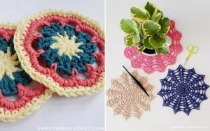 Crocheted items: vibrant round crochet coasters, a plant on a doily, and two small patterned pieces crafted with love, accompanied by a crochet hook and scissors.