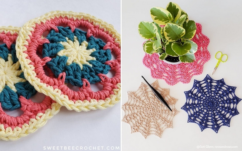 Crocheted items: vibrant round crochet coasters, a plant on a doily, and two small patterned pieces crafted with love, accompanied by a crochet hook and scissors.