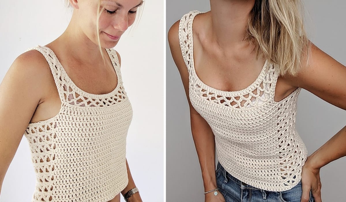 Two images of a woman wearing a sleeveless, crochet top in a light color, paired with blue jeans. The design showcases an intricate crochet pattern that adds elegance to her outfit.