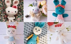 Charming bunnies in six crocheted designs, each donning unique accessories like flowers and clothing, are displayed in a delightful grid format on patterned and textured backgrounds. Explore the free patterns to create your own enchanting critters.