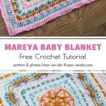 Crochet baby blanket with colorful geometric patterns and a charming pink square motif on a wooden floor. Text reads 