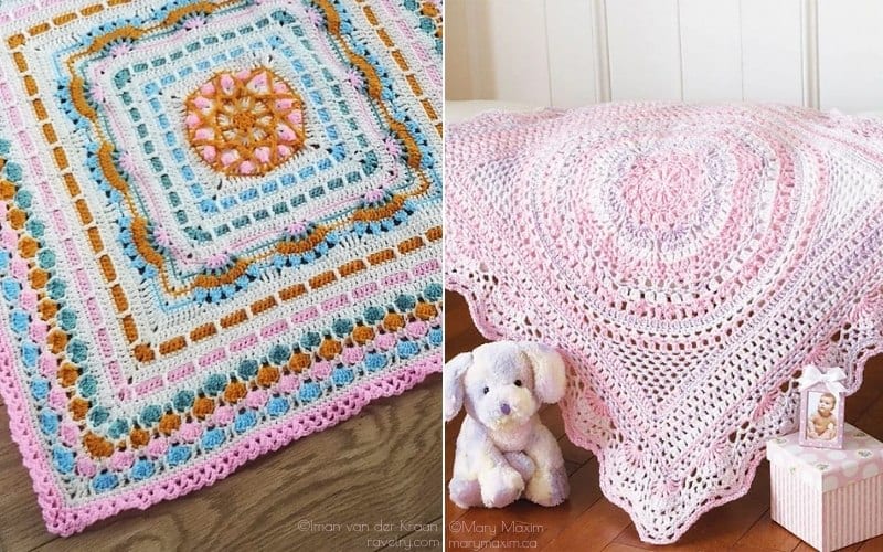 Two crochet blankets: one with a multicolored geometric pattern, the other a pink square baby blanket. They're placed decoratively, with a stuffed toy animal and a small gift box nearby. Explore free patterns to replicate these charming designs for your little one's cozy corner.