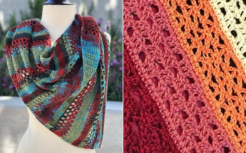 Two-part image: Left showcases a colorful Lacy Stripes Shawl draped on a mannequin. Right is a close-up of the intricate crochet pattern in vibrant orange, red, and cream hues.