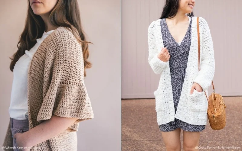 Two women wearing crocheted cardigans: one in a beige short-sleeve over a white shirt, and one in a long, flowing white cardigan featuring intricate crochet kimono patterns over a patterned dress, holding a woven bag.