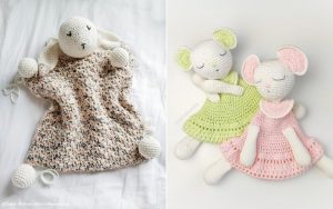 Two crocheted lovey animal dolls: a cream-colored bunny on the left and two mice in green and pink outfits on the right, all lying on a white surface. Perfect for those seeking inspiration; why not try your hand at creating your own with a free crochet lovey pattern?