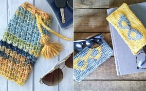 Crocheted eyeglass cases in various colors, featuring a drawstring and a glasses motif, rest beside sunglasses, keys, and a book on wooden surfaces. Discover free patterns for creative crochet glasses case ideas to personalize your accessory collection.