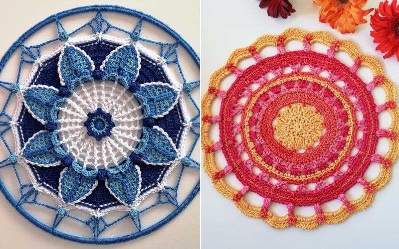 Two stunning crochet mandalas: the left one is blue and white with leaf patterns, while the right one dazzles in pink, orange, and yellow with circular designs. Flowers decorate the top right corner. Explore free patterns to create your own vibrant masterpieces.